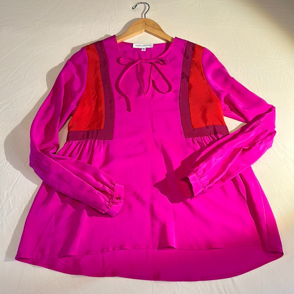 Amanda Uprichard Silk Blouse Fuscia with Crimson Accent Panels Size S